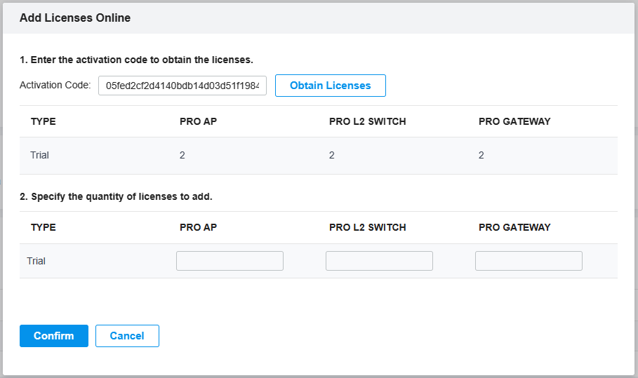 Screenshot of a Omada Pro Conroller's "Add Licenses Online" dialog box. Step 1 shows an activation code field with a sample code and license counts for PRO AP, PRO L2 SWITCH, and PRO GATEWAY (all set to 2). Step 2 has fields to specify license quantities. Buttons for "Confirm" and "Cancel" are at the bottom.