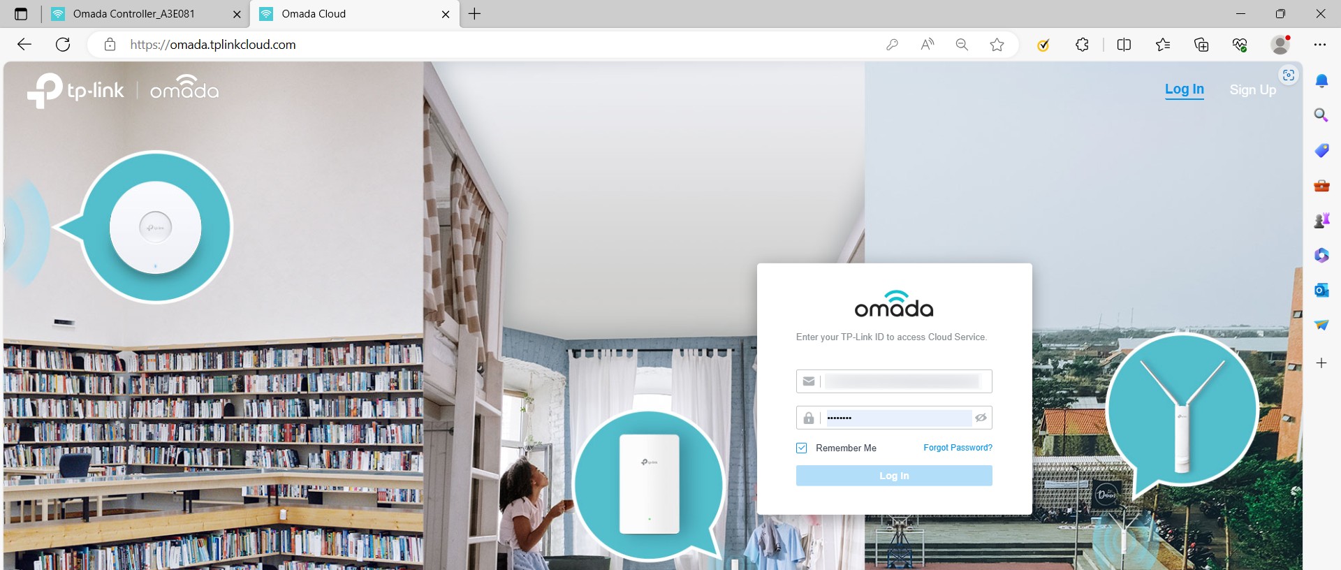 Screenshot of the Omada Cloud login page on a TP-Link website. A login dialog box prompts for a TP-Link ID and password, with "Remember Me" and "Forgot Password?" options. The background shows a room with bookshelves, a person, and Omada devices (a ceiling-mounted access point and a wall-mounted unit).