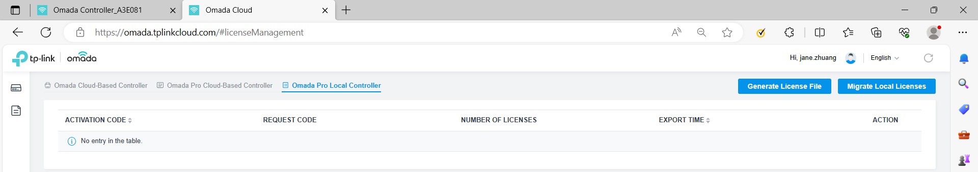 Screenshot of the Omada Pro Cloud-Based Controller license management page on the TP-Link website. The interface shows tabs for different controllers, with the "Omada Pro Local Controller" tab selected. A table with columns for Activation Code, Request Code, Number of Licenses, Export Time, and Action is empty. Buttons for "Generate License File" and "Migrate Local Licenses" are on the right.