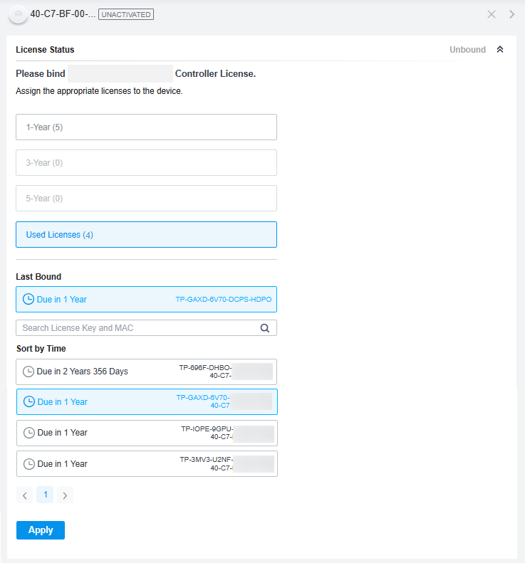 A screenshot of a license status interface for a controller license (40-C7-BF-00-..._UNACTIVATED). The "License Status" section is set to "Unbound." It prompts to assign licenses to the device, showing available licenses: 1-Year (5), 3-Year (0), and 5-Year (0). The "Used Licenses (4)" section lists licenses with their expiration status and keys: TP-GAXD-BV70-DCPS-HDP0 (Due in 1 Year), TP-806F-DHB0-40-C7 (Due in 2 Years 356 Days), TP-GAXD-BV70-40-C7 (Due in 1 Year), and TP-3MV3-U2NF-40-C7 (Due in 1 Year). A search bar and "Sort by Time" option are available, with an "APPLY" button at the bottom.