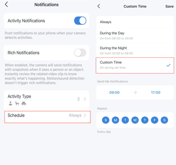 Go to the Schedule on the Notification page. Select Custom Time to set the time to receive notifications.
