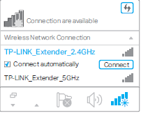 Click the Wi-Fi icon on the taskbar and connect to the extender’s wireless network