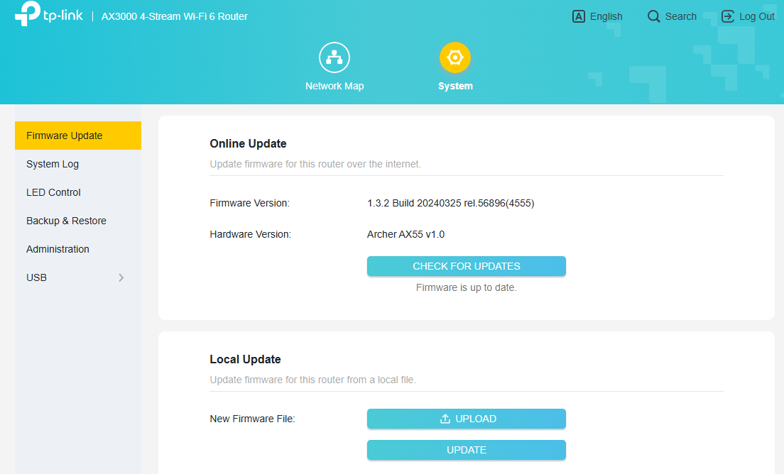Display the firmware upgrade page on the satellite router's Web management interface.