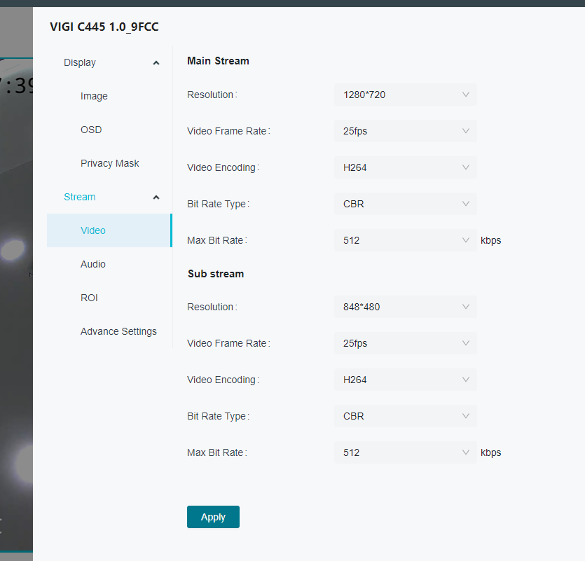 The VIGI camera’s setting page.