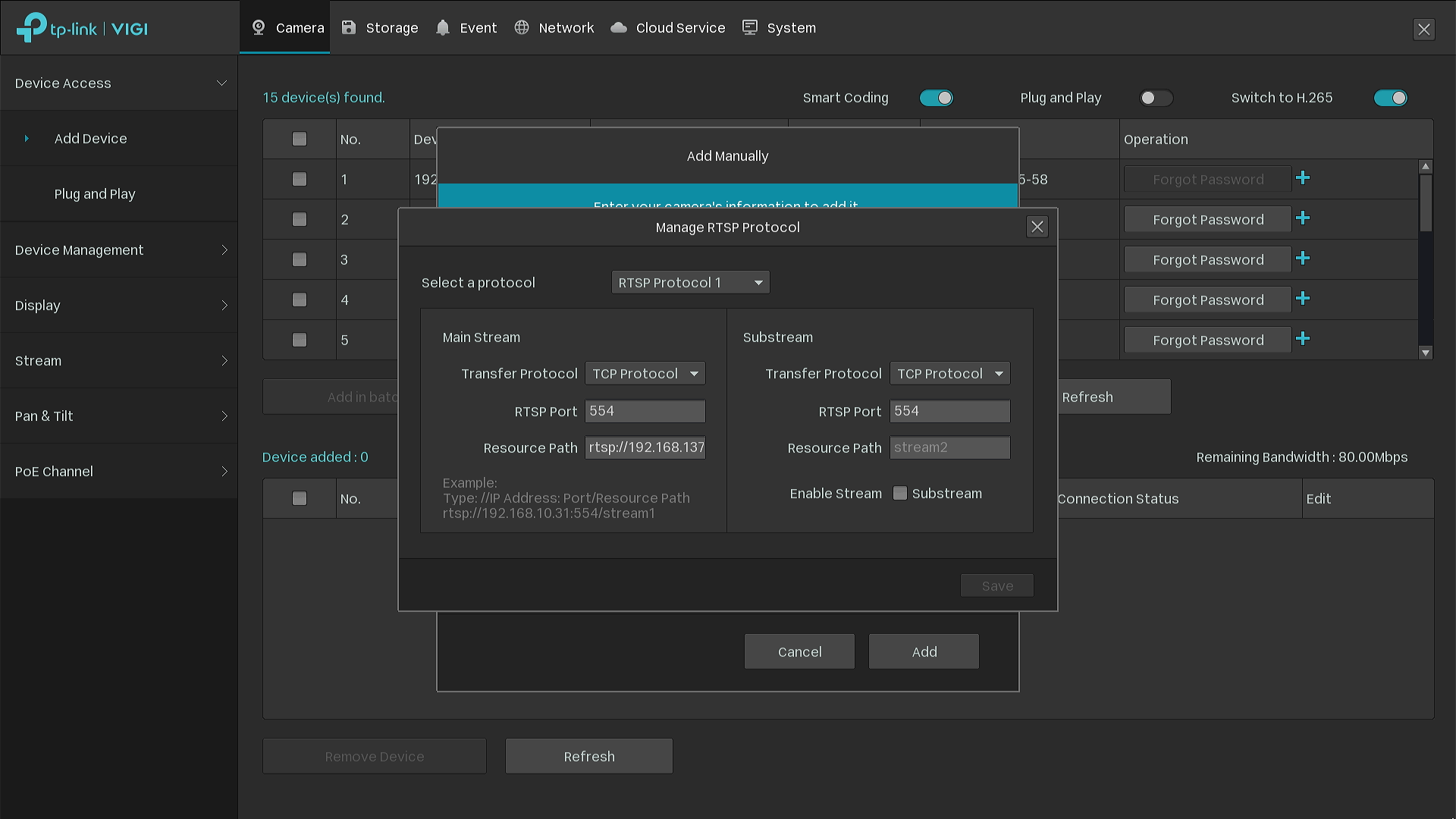 The example of the RTSP URL setting.