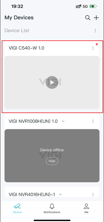 The device list in the VIGI APP.