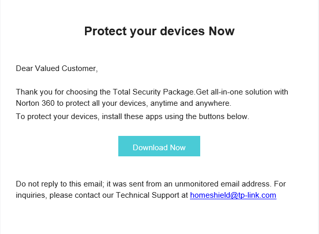 The activation email about Norton 360 service.