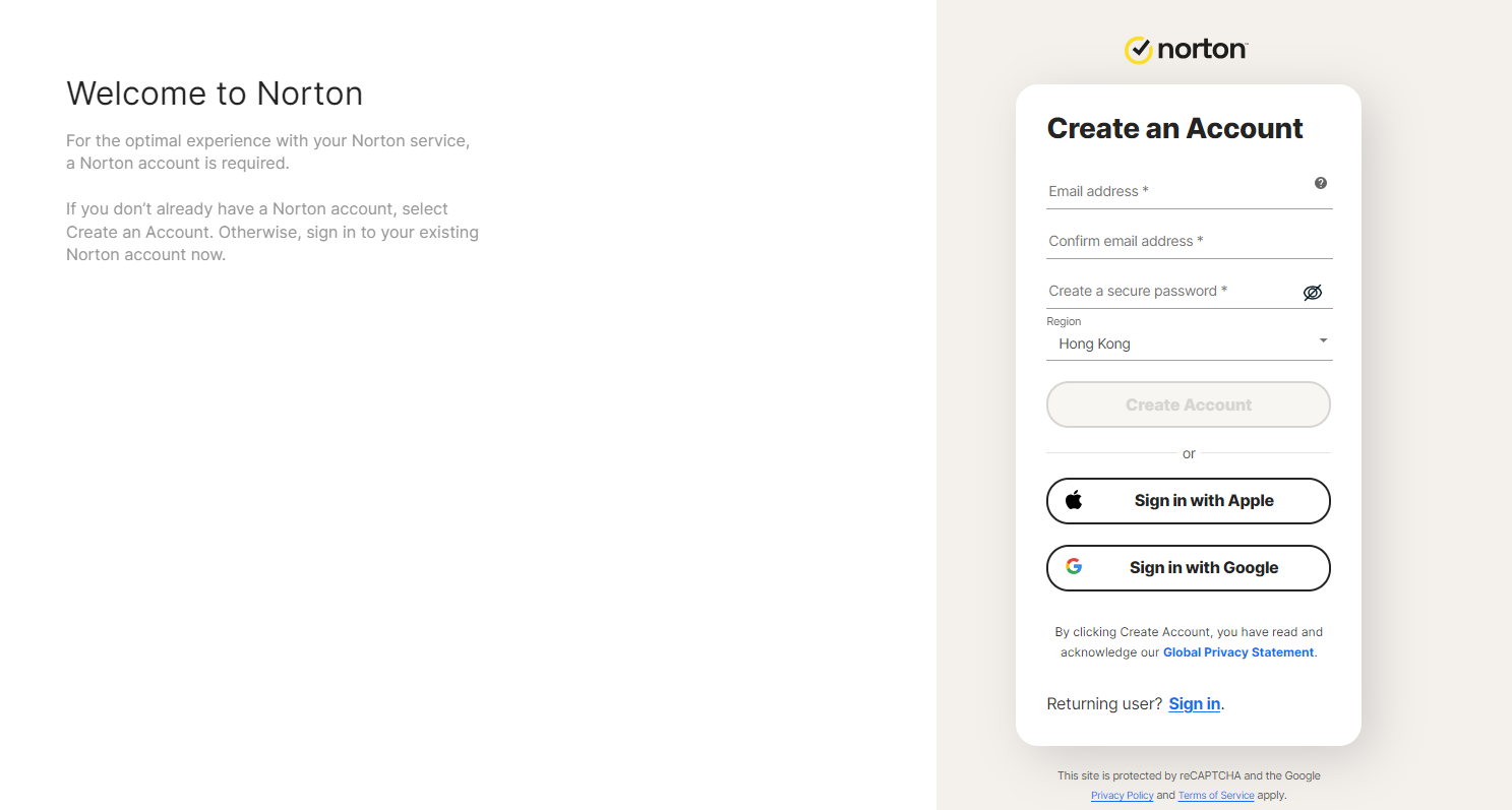 Account creation page on Norton official website.