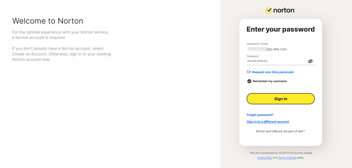 Account login page on Norton official website.
