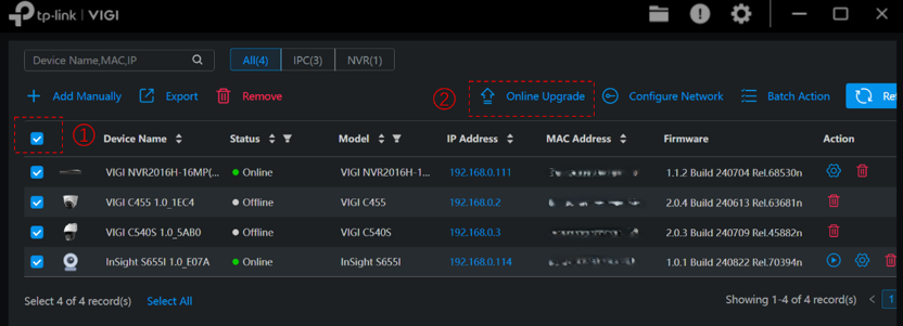 the device list and online upgrade button on the vigi config tool.