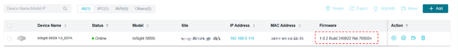 the device firmware version information on the device view page of vigi vms web portal.