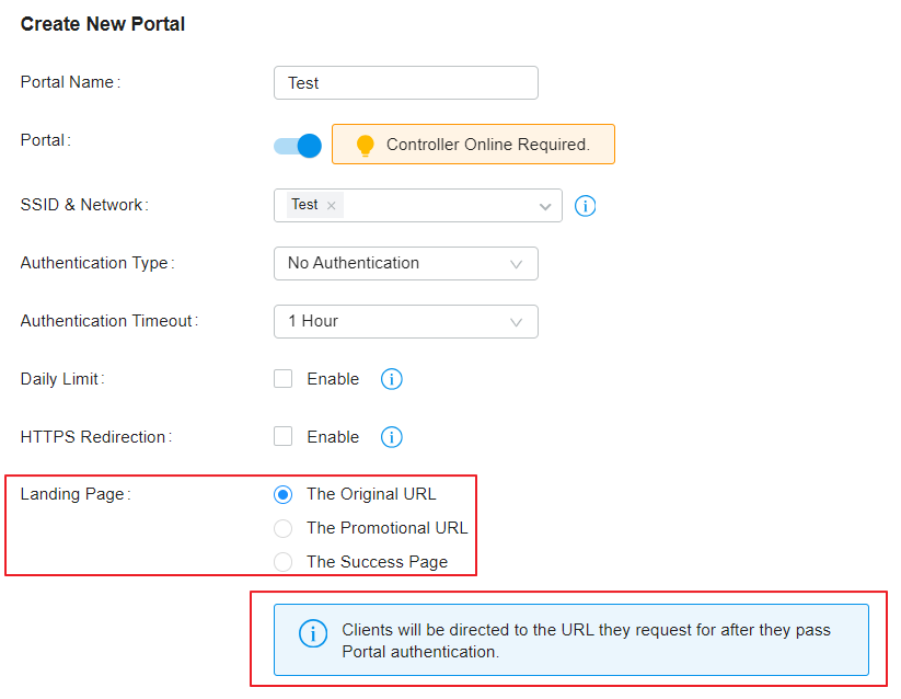 Portal configuration page, showing Landing Page.