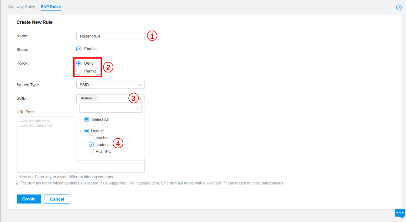 Binding rule to SSID, enable this rule and the policy chose Deny.