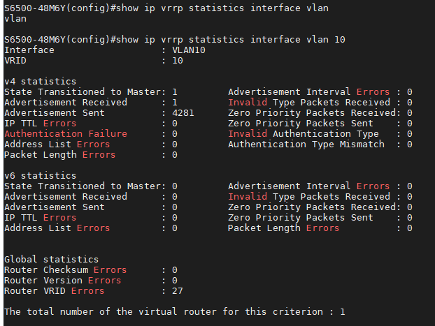 View the statistical information of VRRP advertisement messages of a specific interface with the show ip vrrp statistics interface vlan <vlan id> command.