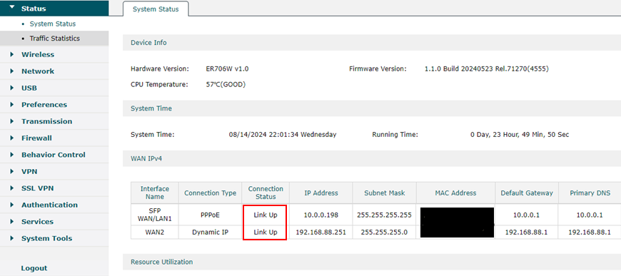 Check the connection status of the WAN ports in the Omada Gateway’s standalone webpage. The connection status should be Link Up.