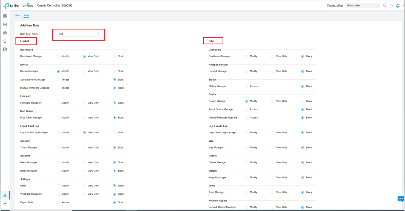 Add a new role and configure role permission levels.