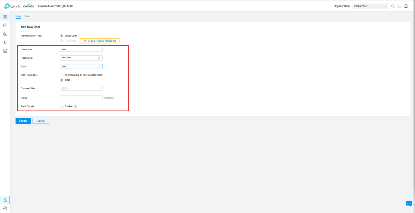 The configurations of new role, including Administrator Type/Username/Password/Role/Site Privileges/Choose Sites/Email/Alert Emails.
