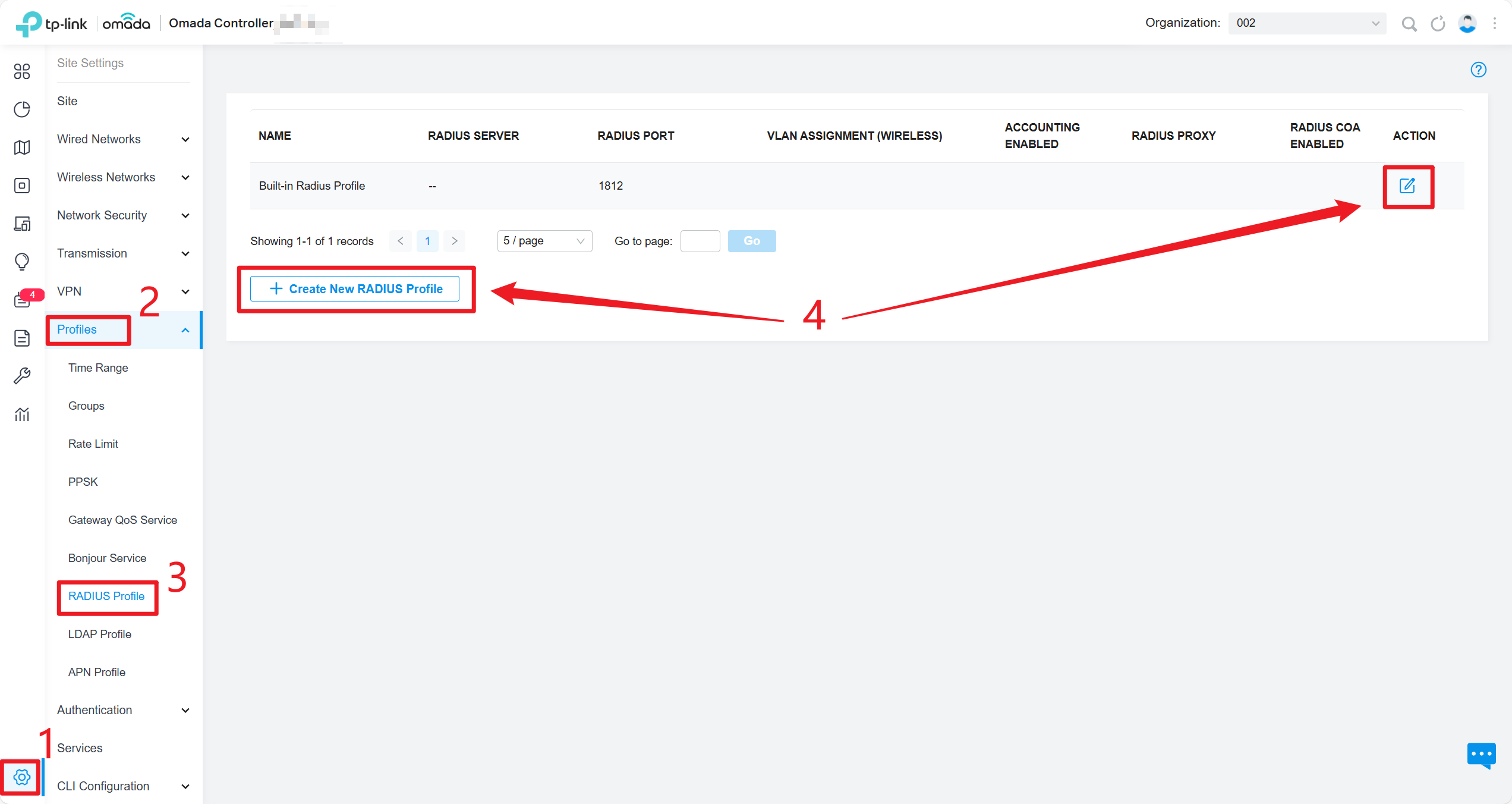 The position to create a new radius profile on the Controller.