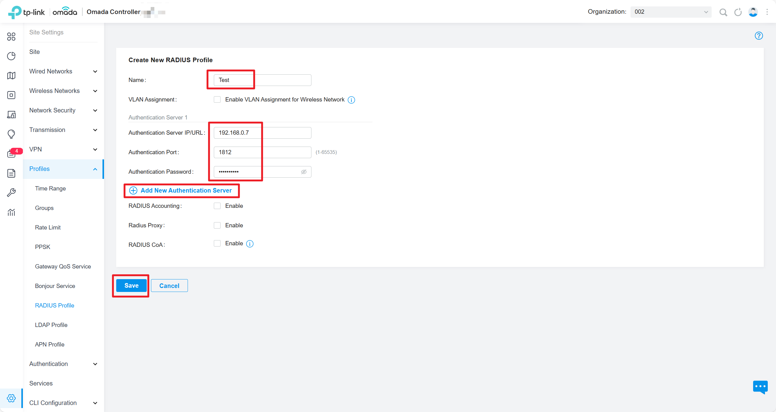 Configurations of the radius profile, including Name/Authentication Server IP/URL.