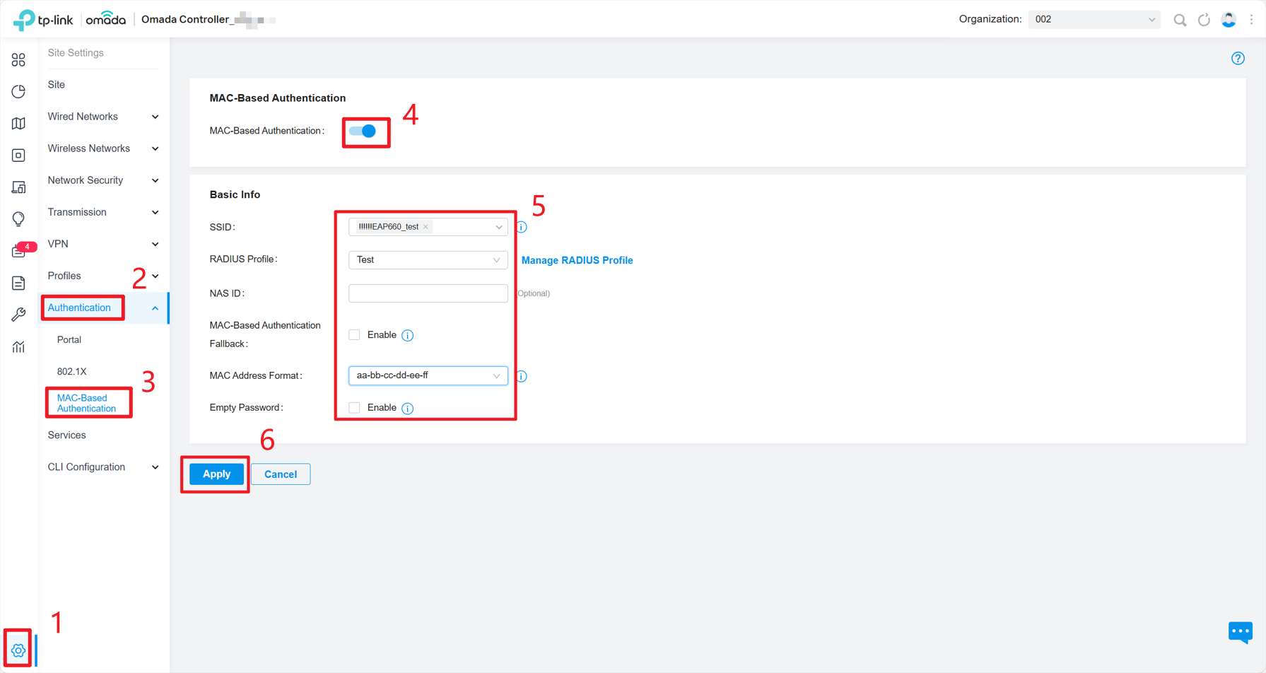 Enable MAC-Based Authentication, and choose your SSID/Radius profile.