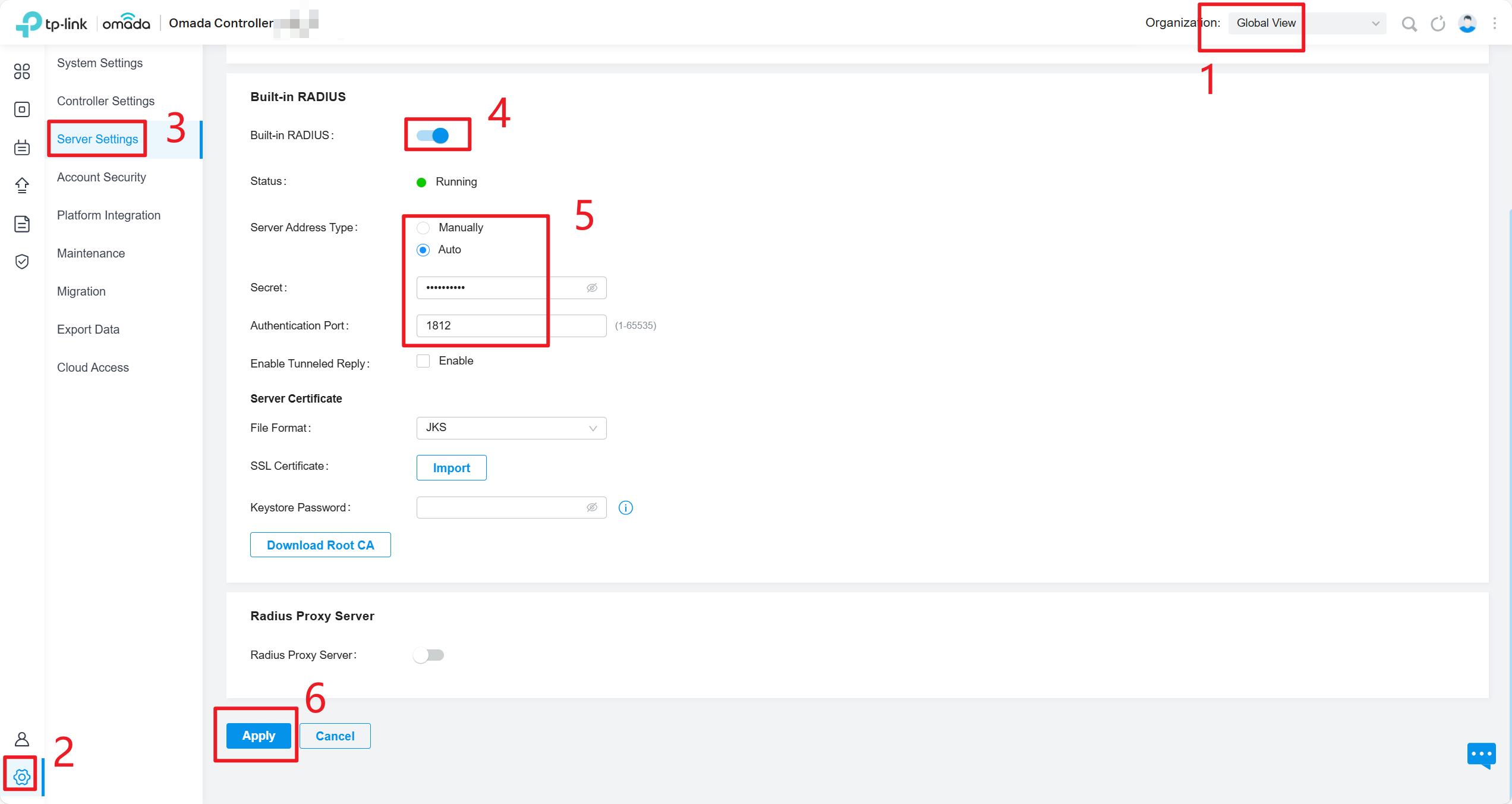 The position to enable Built-in Radius on the Controller webpage.
