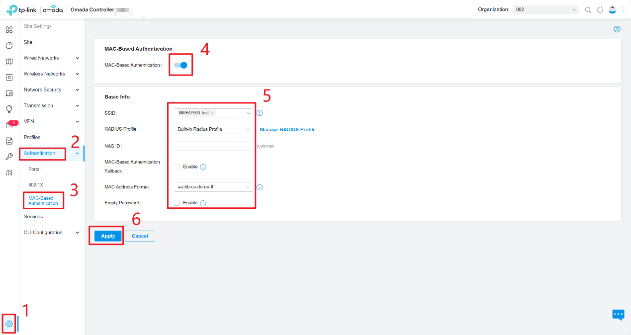Alt text: Enable MAC-Based Authentication, and choose your SSID/Radius profile.