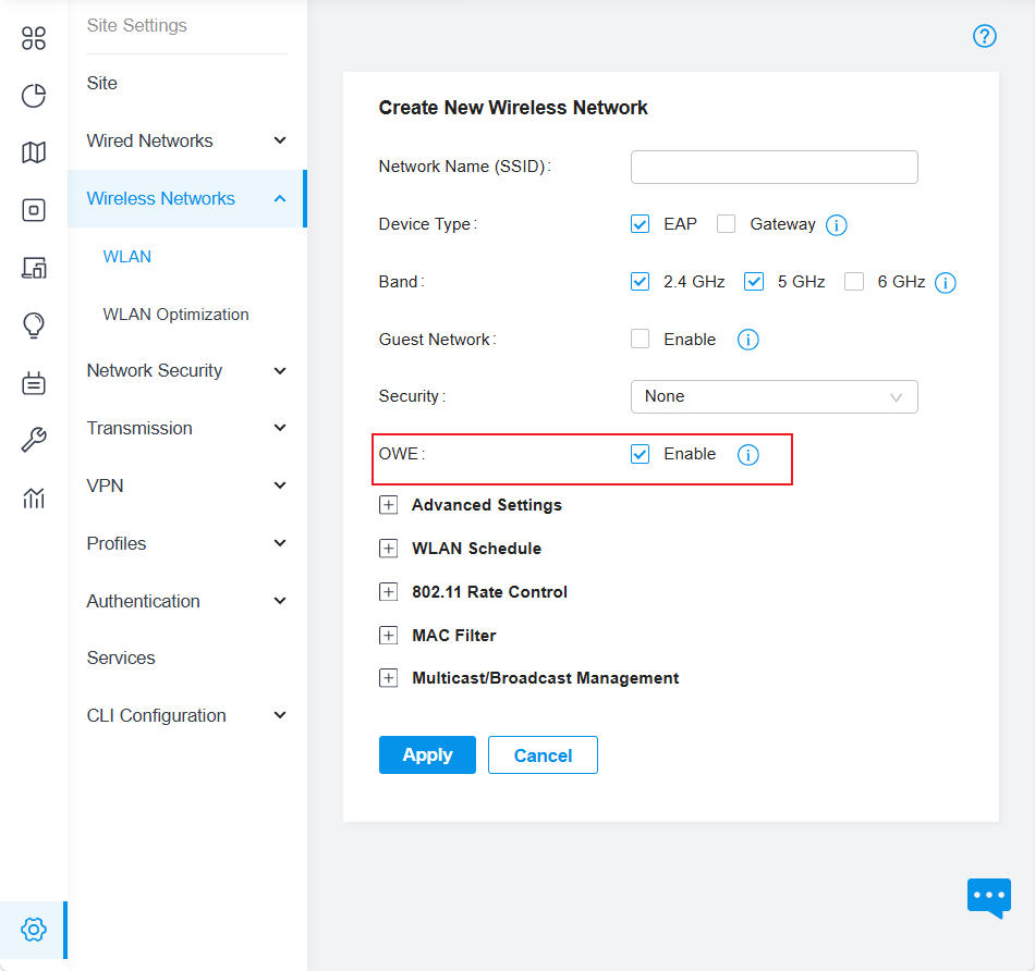 Configurations of wireless network, including SSID/Device Type/Band/Security and so on. Here, choose the security as None.