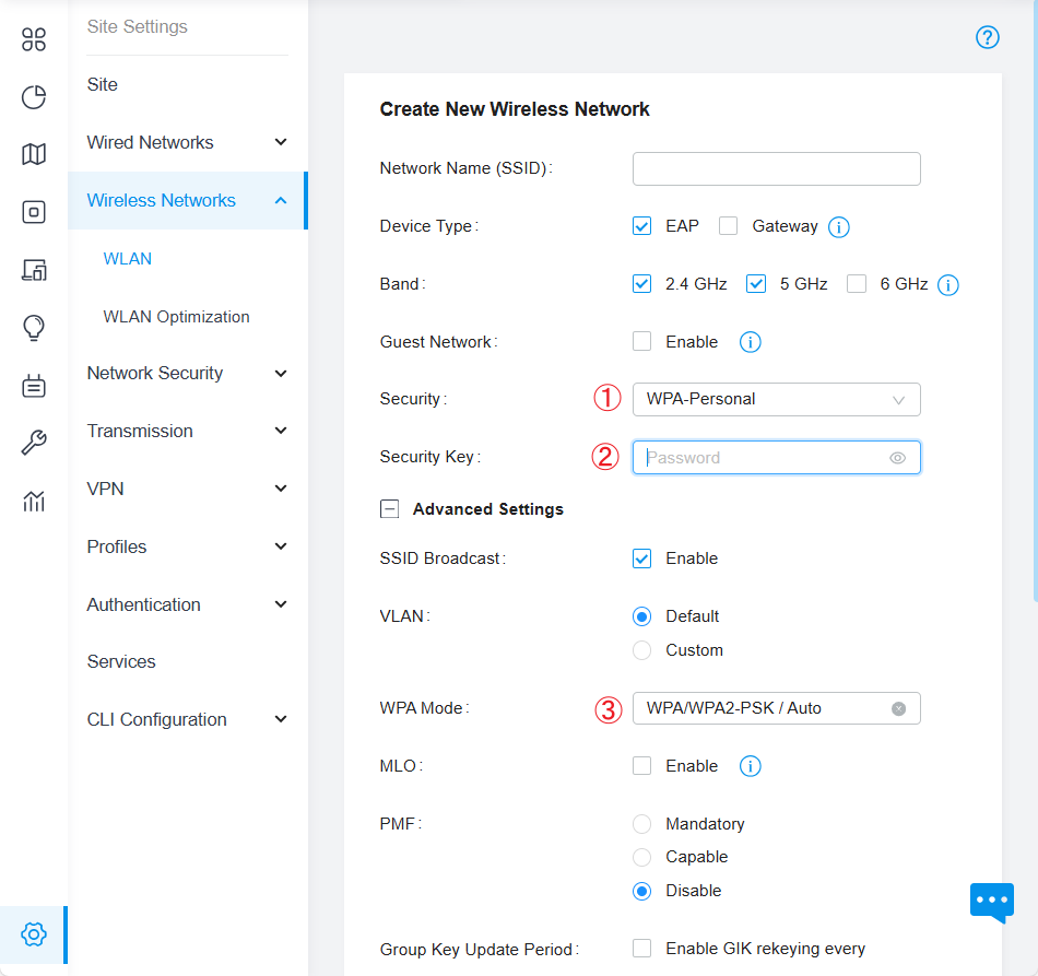 Configurations of wireless network, including SSID/Device Type/Band/Security and so on. Here, choose the security as WPA-Personal.