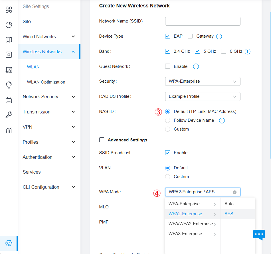 Configurations of wireless network, including SSID/Device Type/Band/Security and so on. Here, choose the security as WPA-Enterprise.