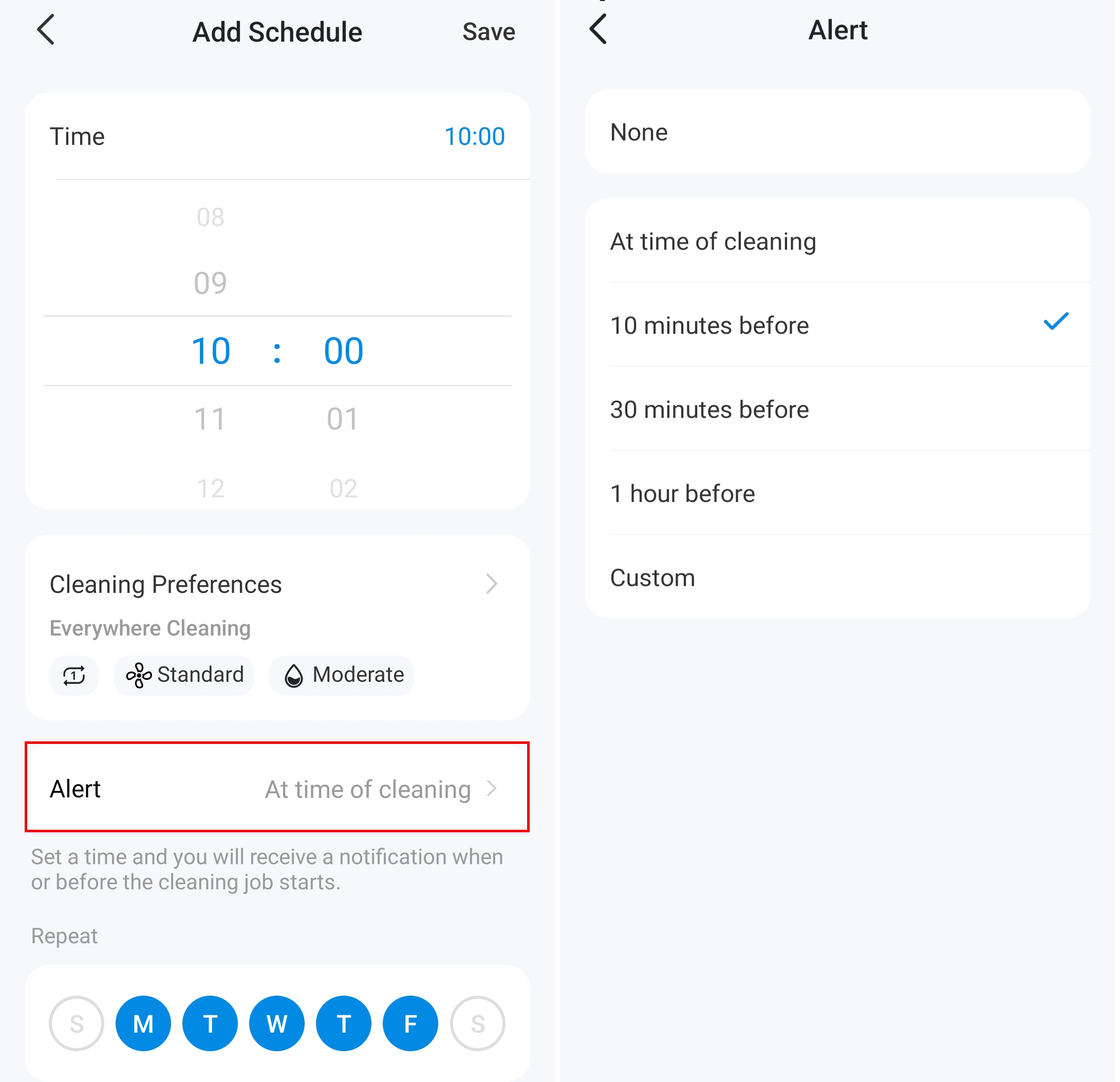 Display the Alert setting position in the app.