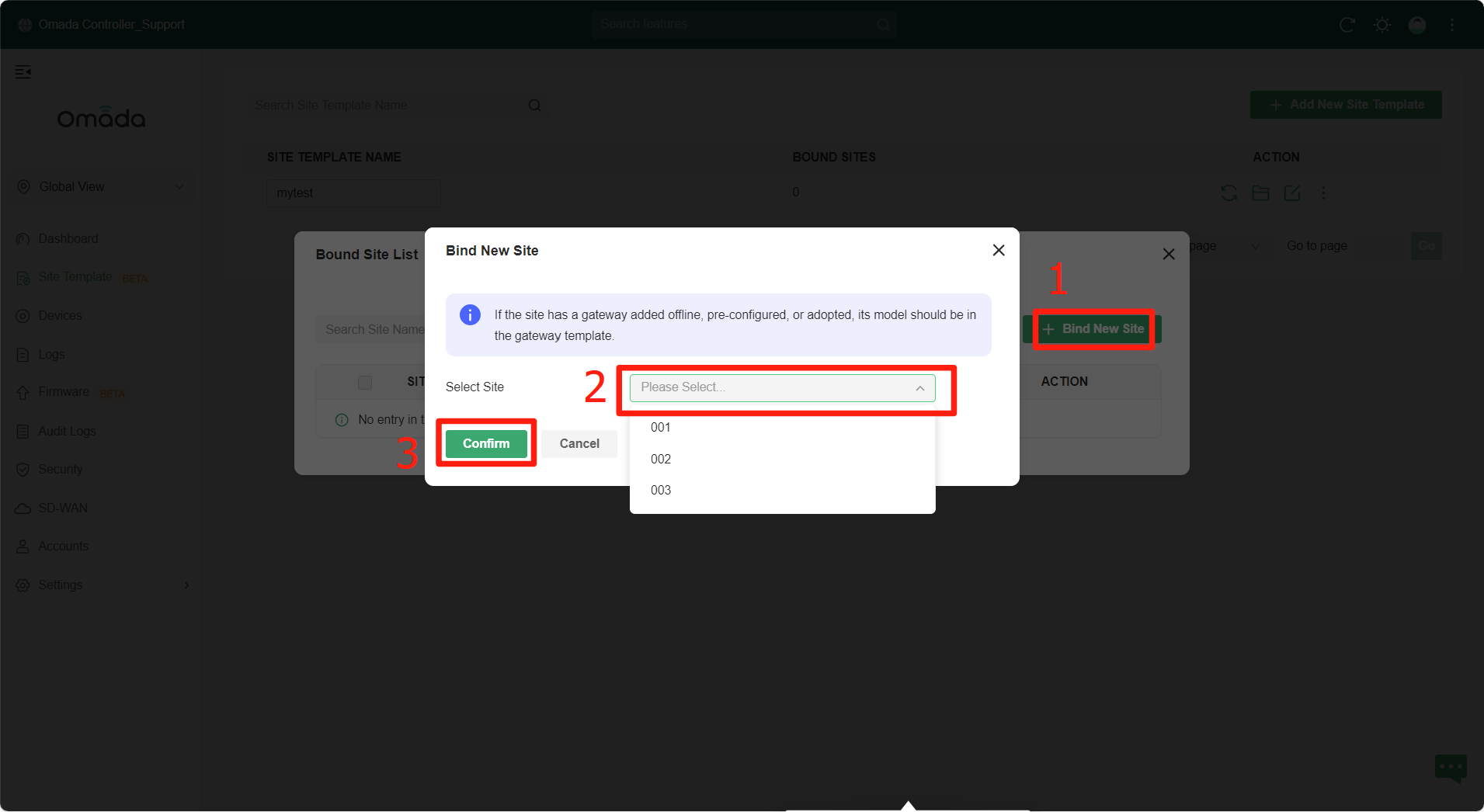 Alt text: Display the operation sequences to bind sites to the certain site template.