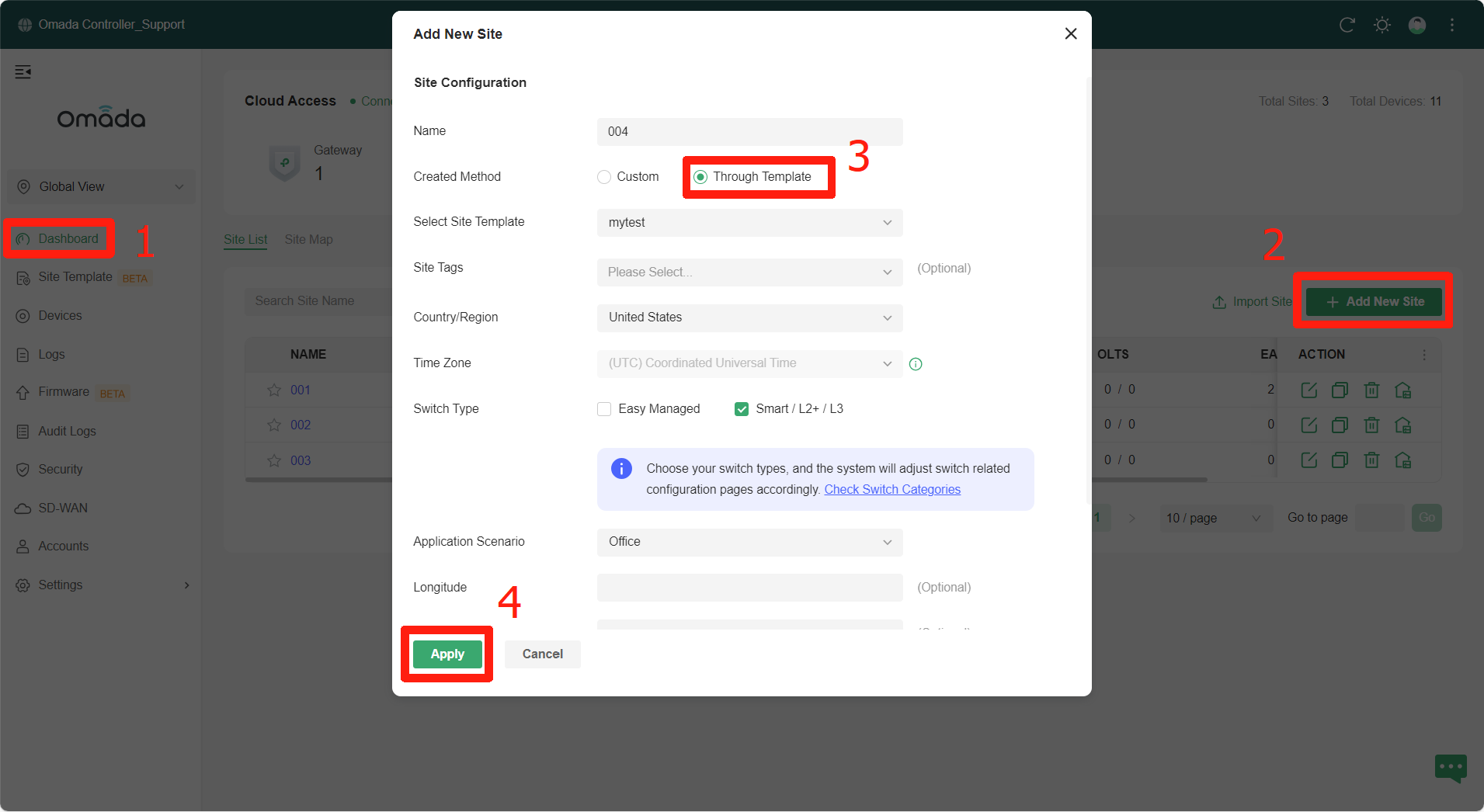 Alt text: Display the operation sequences to bind site template when creating a new site.