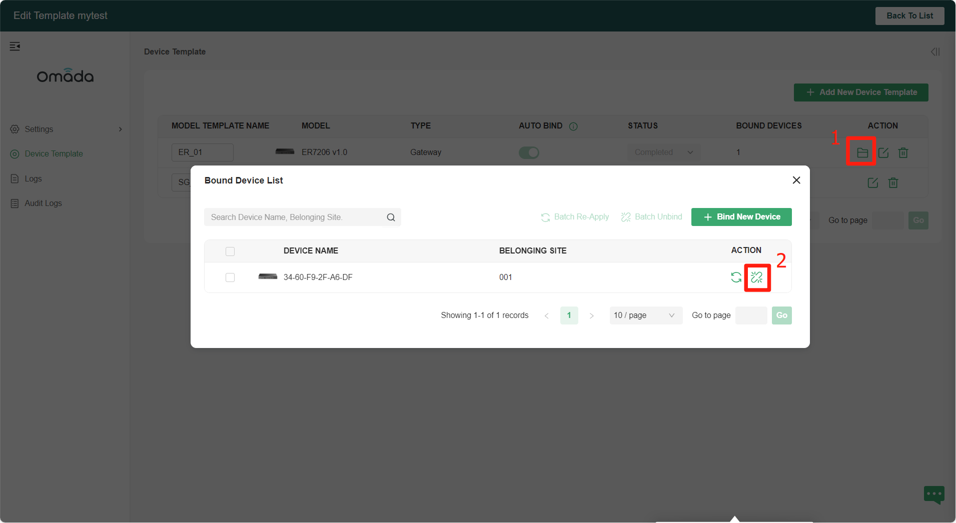 Alt text: Display the operation sequences to unbind Omada gateway in this page.