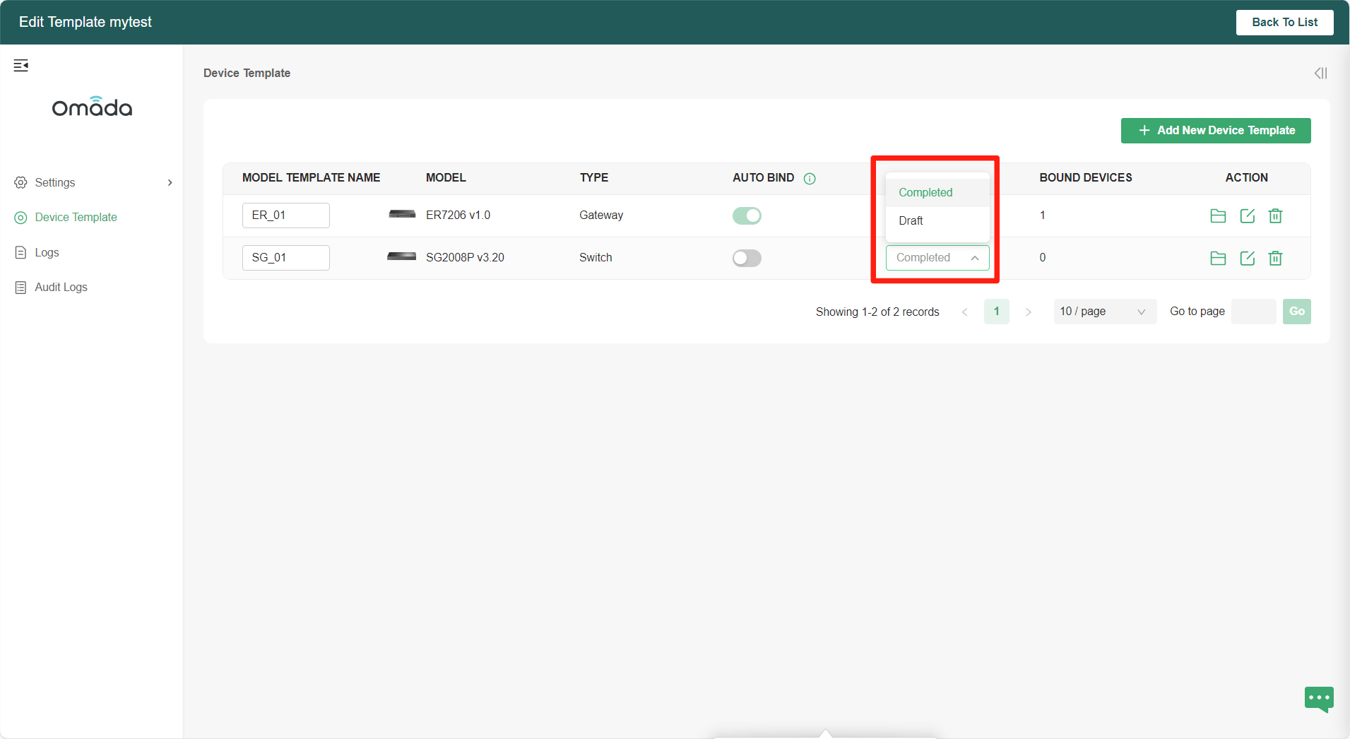 Alt text: Display how to set status as completed for Omada switch in this page.