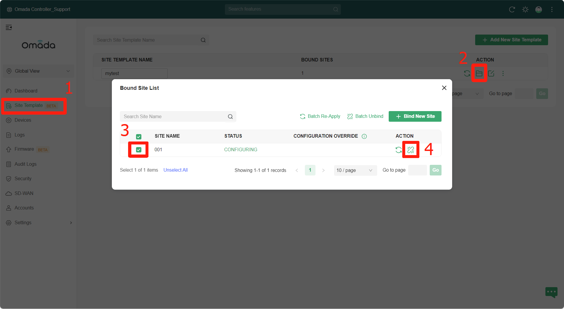 Alt text: Display the operation sequences of unbinding a specific site in this page.