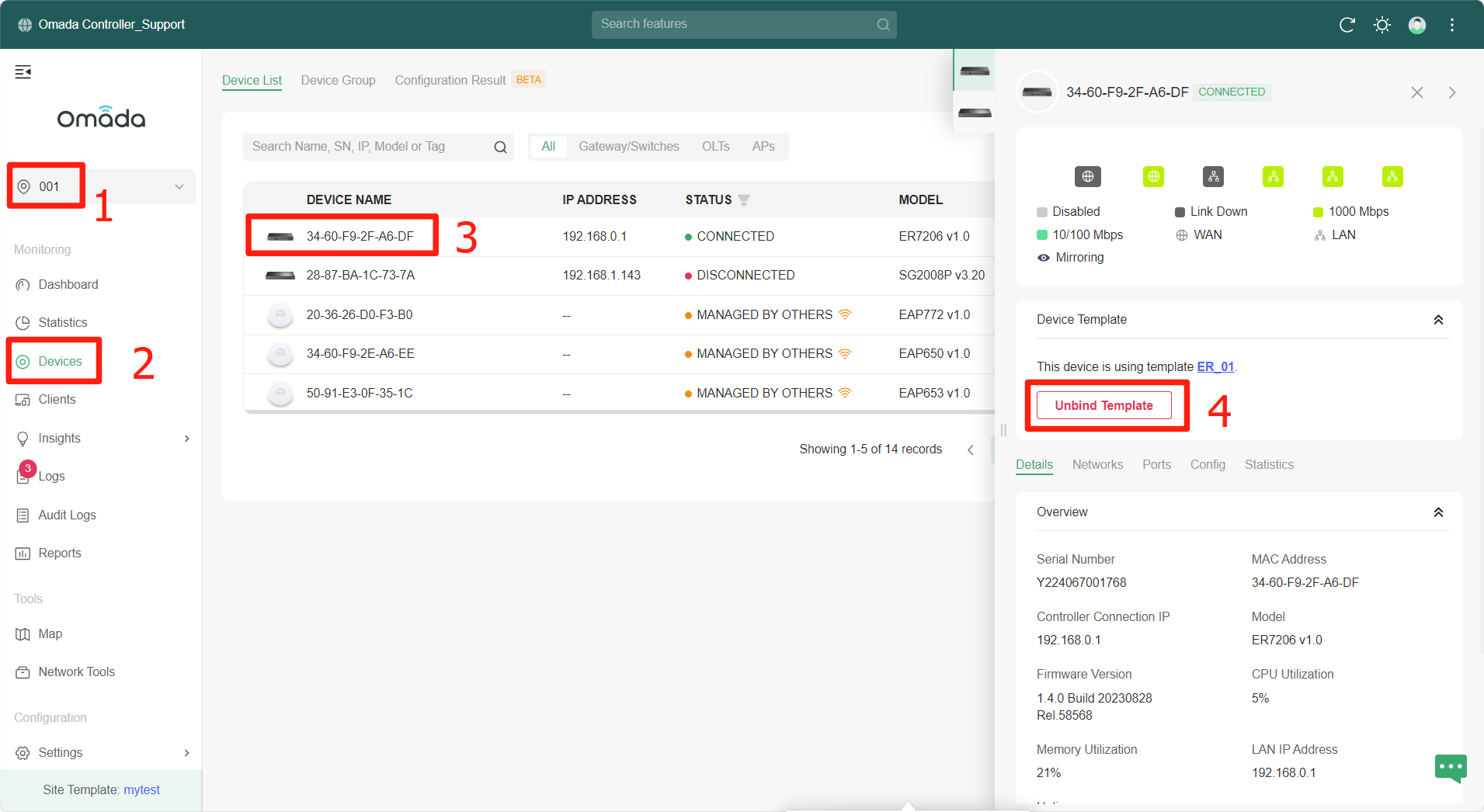 Alt text: Display the operation sequences of unbinding a specific device in the actual site.