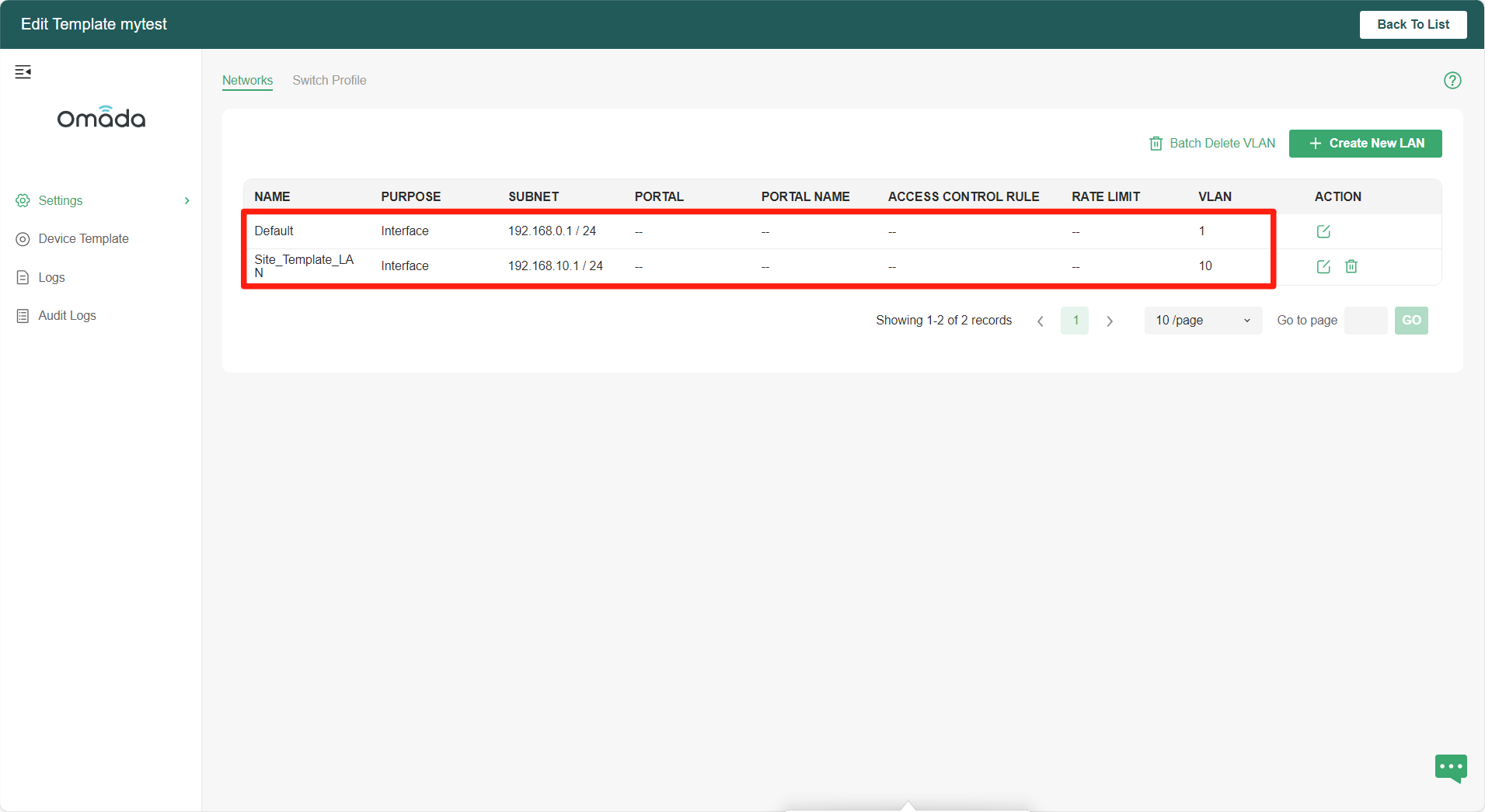 Alt text: Display the LAN settings in the site template.