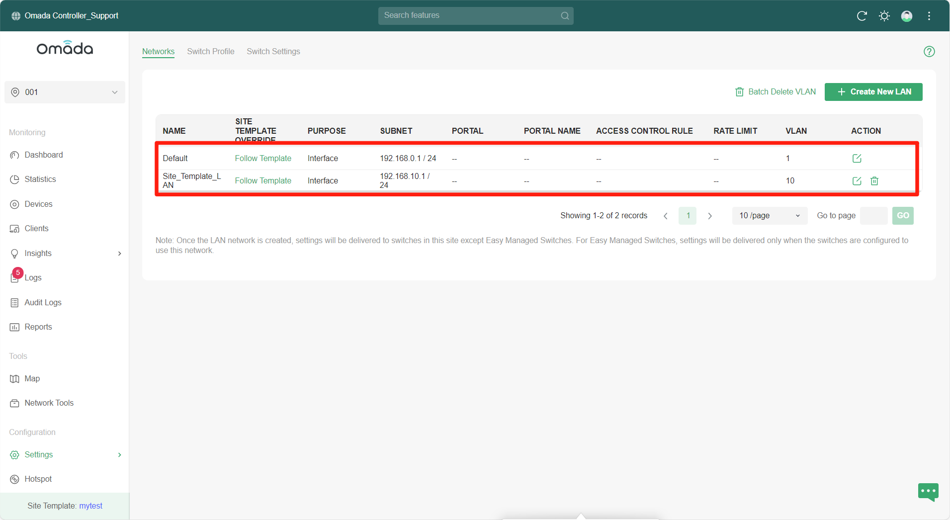 Alt text: Display the LAN settings in the actual site.