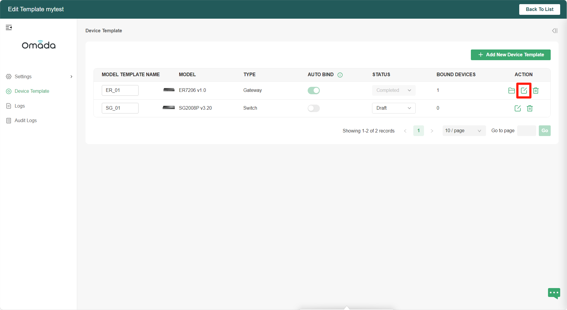 Alt text: Locate the edit button of device template in this page.