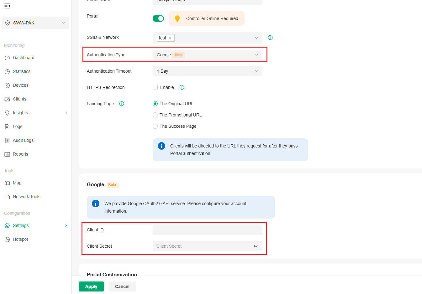 Configure Google authentication on the Controller