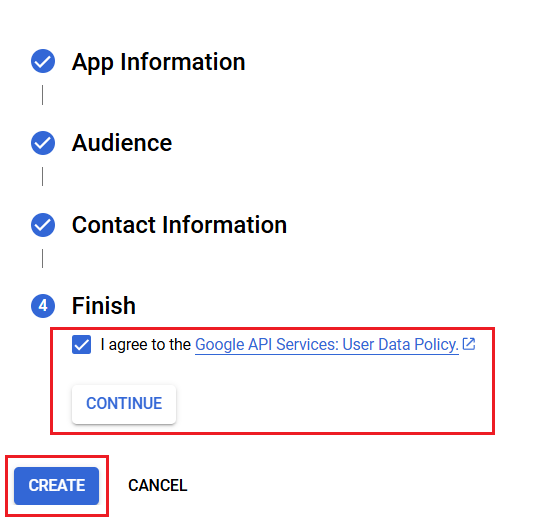 Select I agree to the Google API Services: User Data Policy and click CREATE