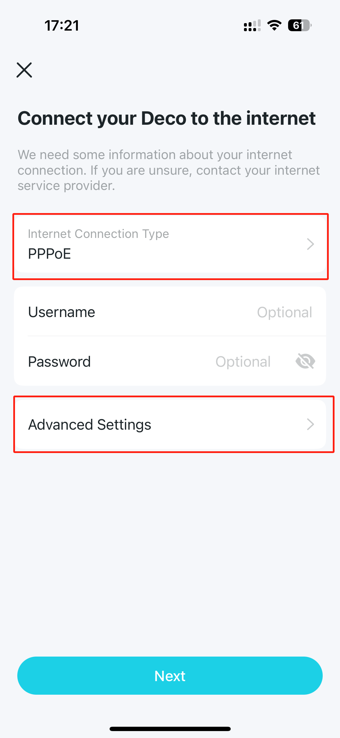 Display the Internet Connection Type and Advanced Settings position on the page.