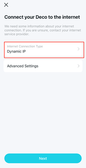 Display the Internet Connection Type position on the page.
