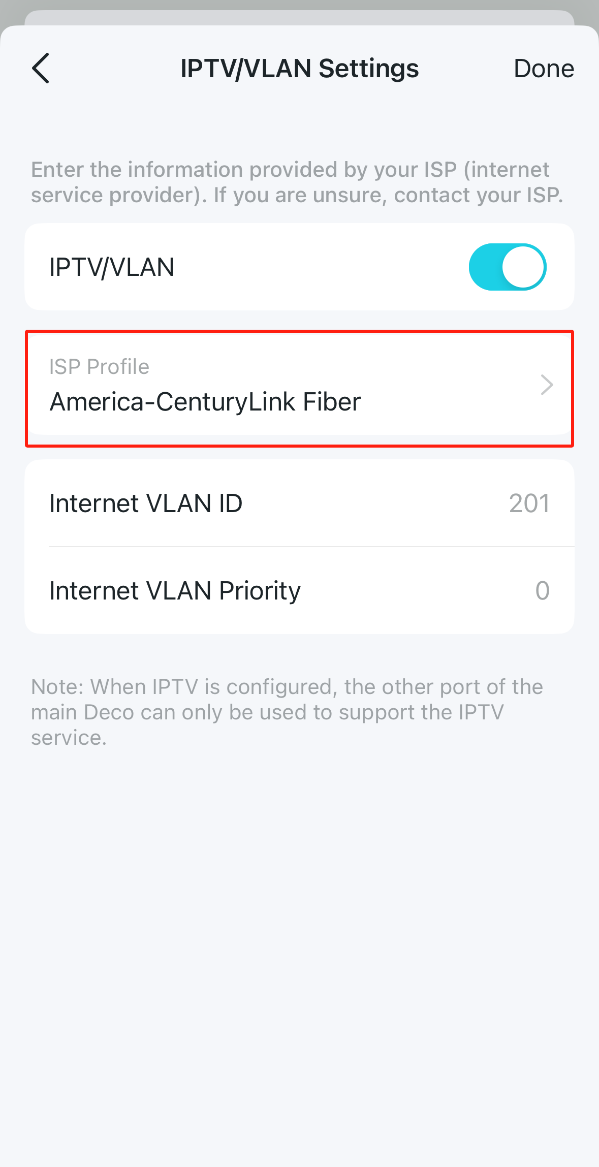Display the details of the IPTV/VLAN Settings page. Select American-CenturyLink Fiber on the ISP Profile, then VLAN ID and Internet VLAN Priority will be filled in automatically.
