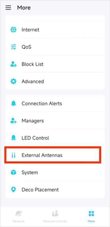 Deco app's "More" menu, showing options like Internet, QoS, Block List, Advanced, Connection Alerts, Managers, LED Control, External Antennas (highlighted), System, Deco Placement, Network, and Parental Controls.