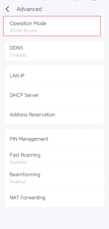 Deco app's 'Advanced' settings menu, displaying various options such as Operation Mode (set to 4G/5G Router), DDNS (Disabled), LAN IP, DHCP Server, Address Reservation, PIN Management, Fast Roaming (Disabled), Beamforming (Enabled), and NAT  Forwarding.