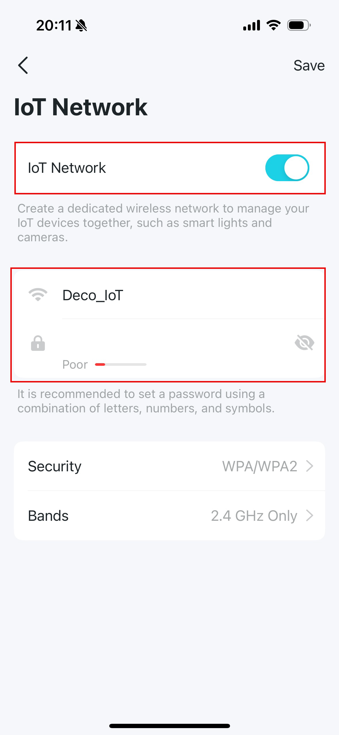 Display the IoT Network settings page.