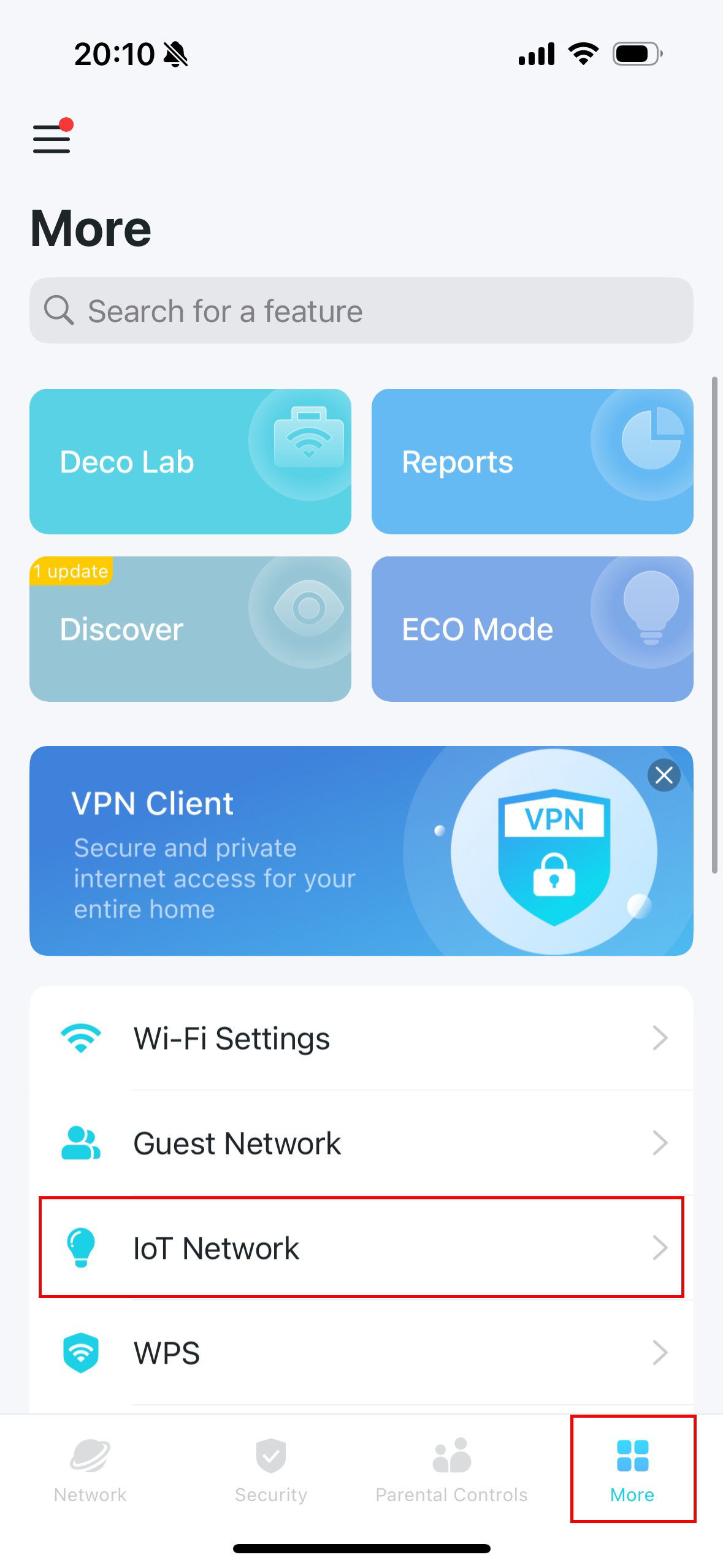 Locate the More and IoT Network options on the page.