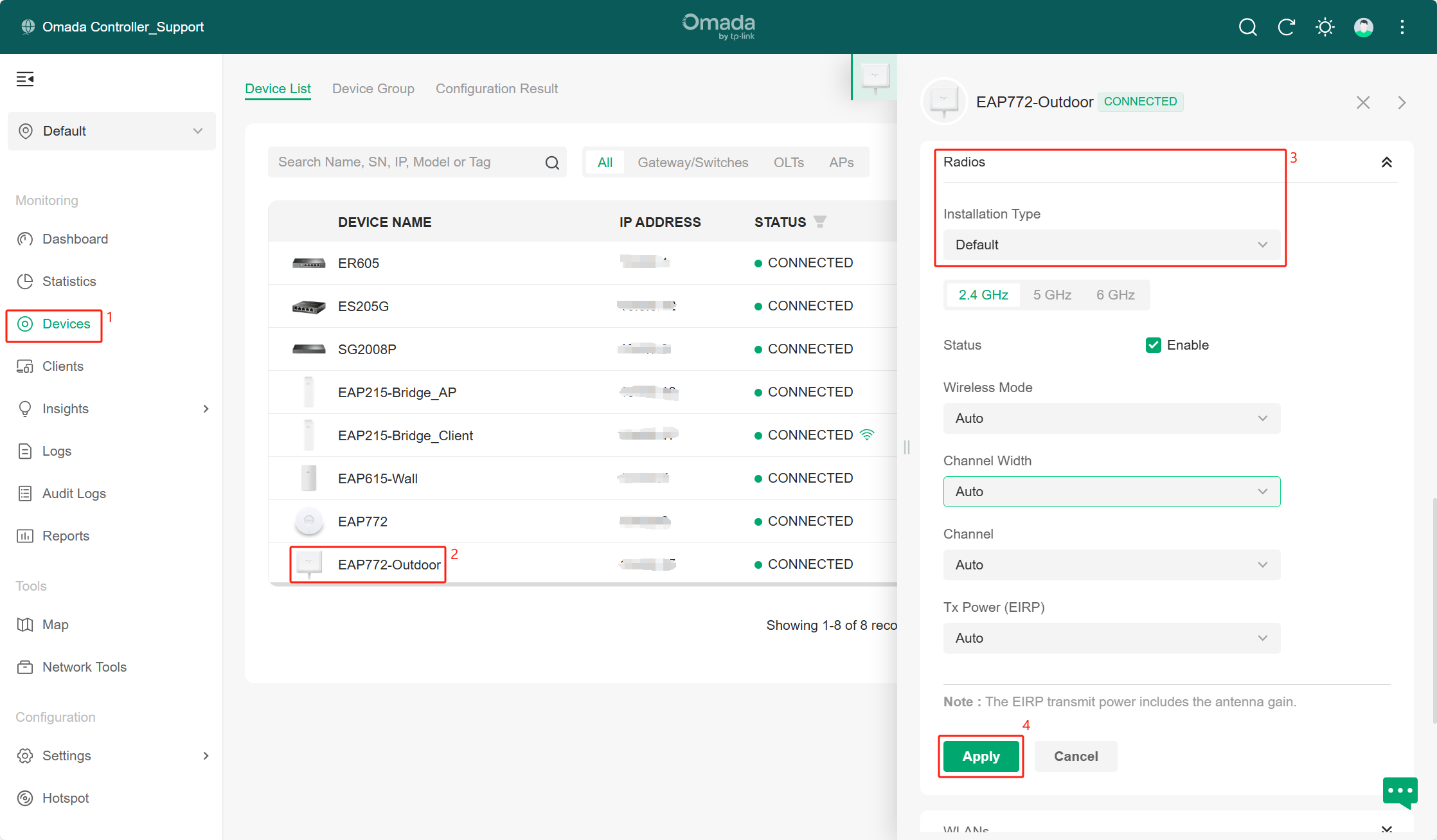 Display the configuration page for the Installation Type on the Omada Controller.
