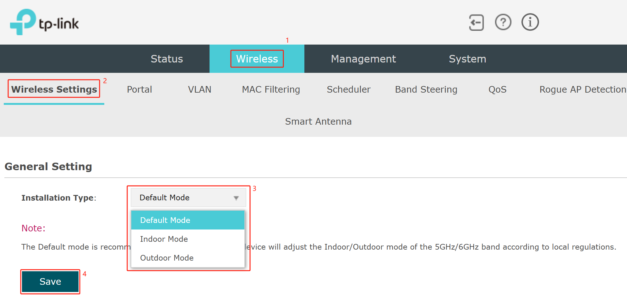 Display the configuration route of Installation Type on the AP’s GUI.
